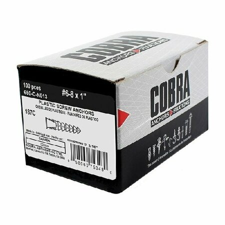 COBRA ANCHORS Cobra Anchors Screw Anchor, 1 in L, Plastic, 100 lb 650-C-N013